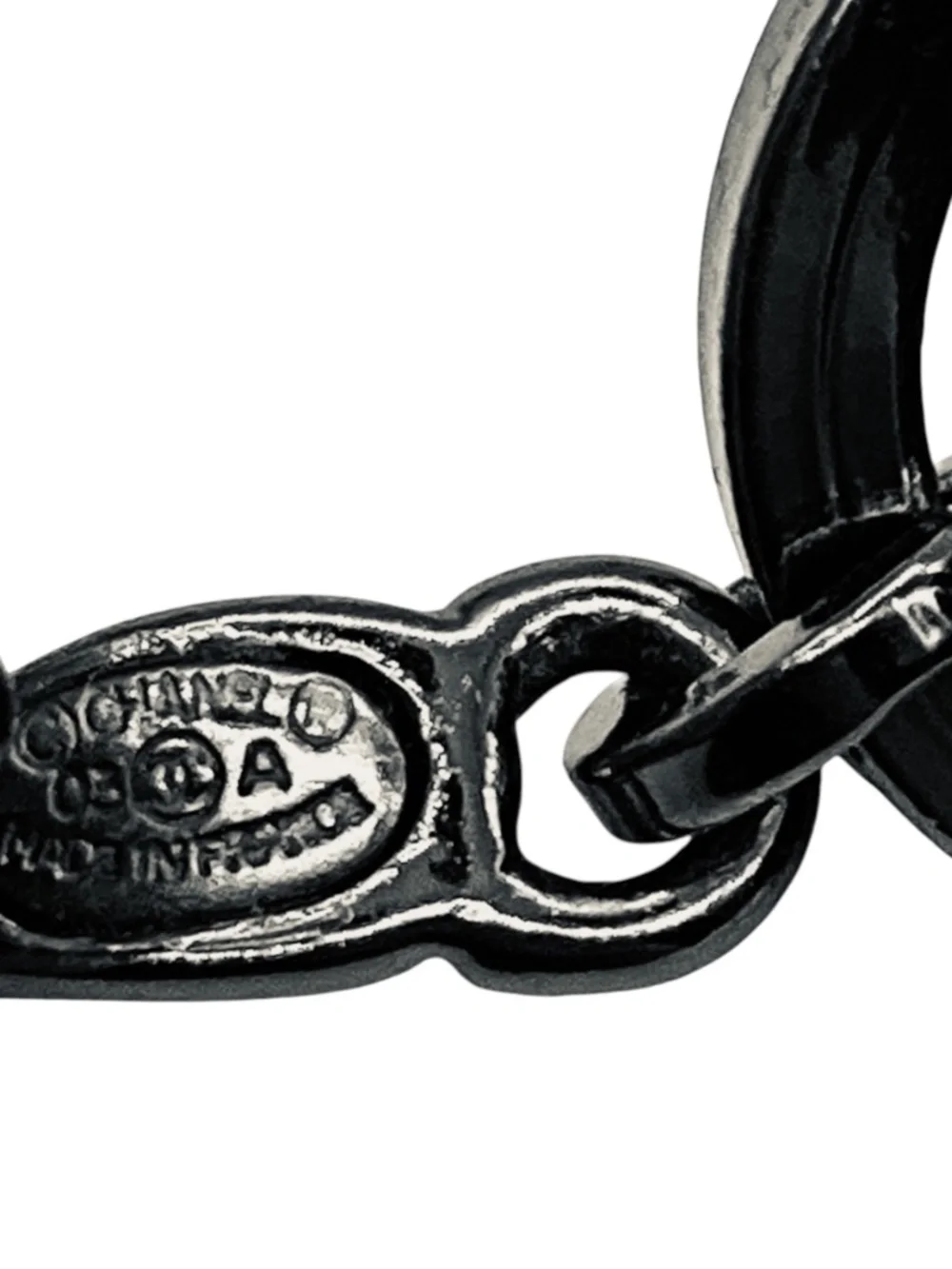 CHANEL GUNMETAL / CREAM / BLACK 2003 CC LOGO PENDANT, IMITATION PEARL, AND LARGE